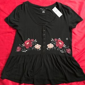 American Eagle Embroidered Floral Peplum Tee